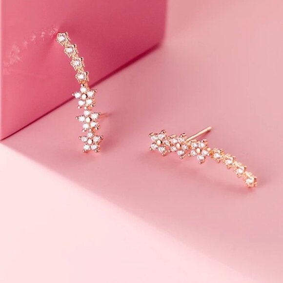 Cherry Blossom Diamond Climber/Crawler Floral Gold Dainty Wedding Gift Earrings - Picture 5 of 8